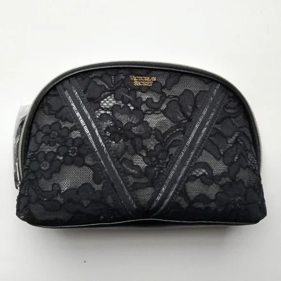 VS Black Luxe Floral Lace Glam Bag Zippered Cosmetics Beauty Makeup Case NEW - Picture 2 of 6